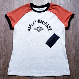 Harley-Davidson Womens Off White & Orange Raglan T-Shirt Logo Graphic with Tags